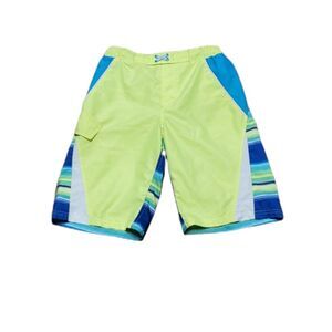Youth Boys Bright Green Blue Striped OP swim Board shorts